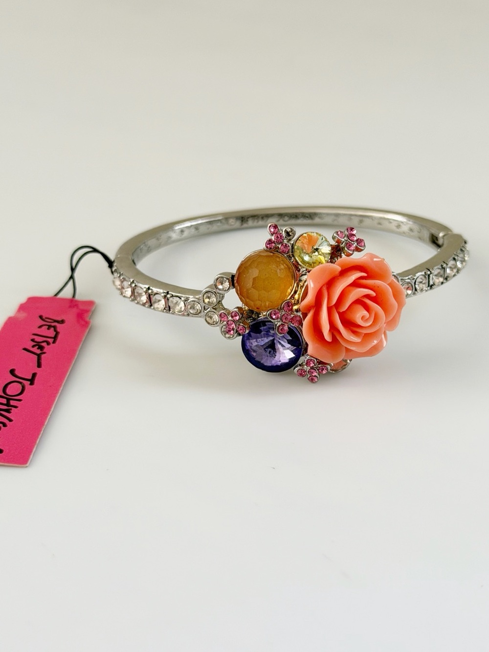 Betsey Johnson Garden Flowers Rhinestone Silver Tone Hinge Bracelet NWT